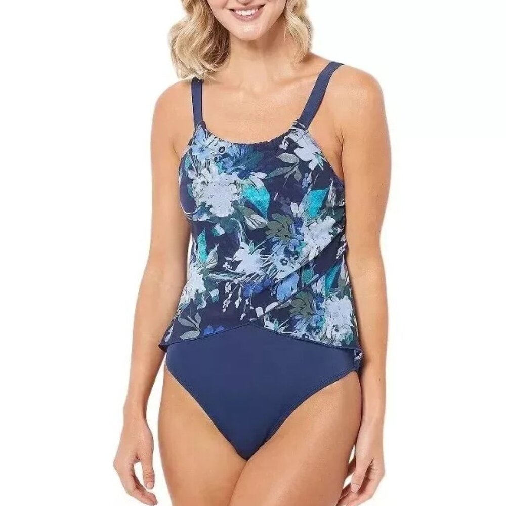 Denim & Co. Beach Women's Halter Neck Slimming One-Piece Swimsuit 8 Blue A472289
